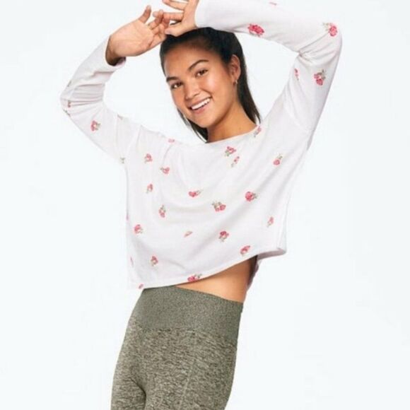 Victoria's Secret PINK Girlfriend Crop White Rose Print Long Sleeve Top Size M - Picture 1 of 8